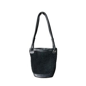 Christopher Kon Purse Black Leather Bucket Shoulder Bag Woven Suede Pebbled